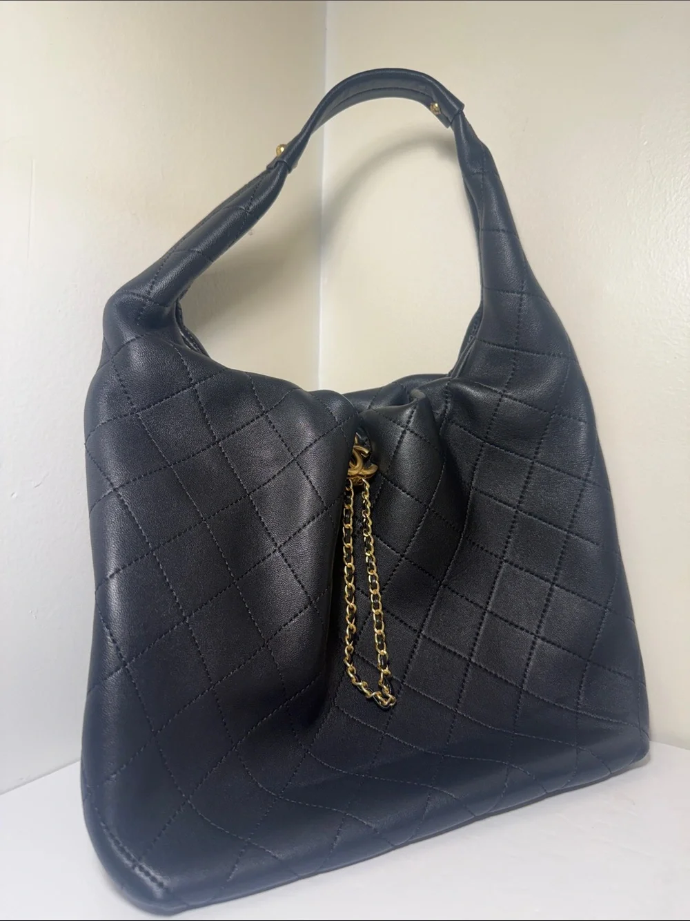 Black Quilted Leather Hobo with Gold Chain Accent